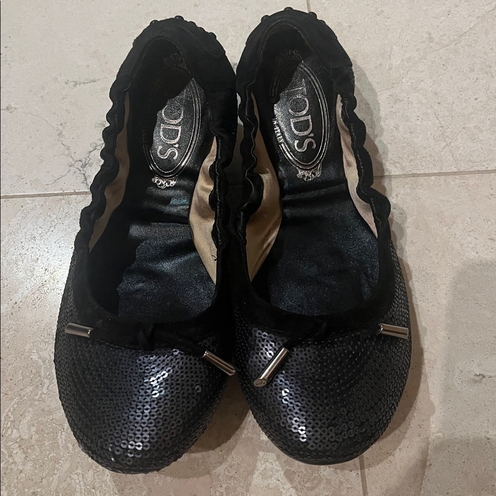 Tod's Black Sequins and Suede Ballet Flats Sz 37